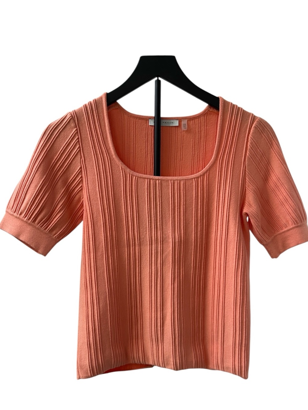 Elie Tahari Ribbed Knit Top Coral XS Puff Sleeve Short Sleeve